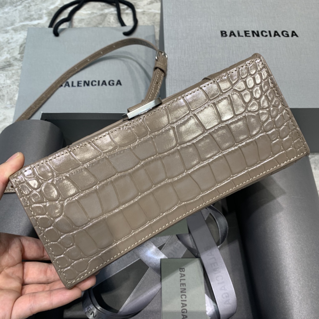 Balenciaga Hourglass Small Handbag Crocodile Embossed Shoulder Bag Dark Gray